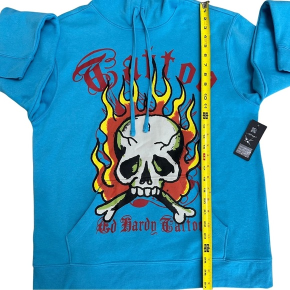 Ed Hardy Flames Skull Tattoo Pullover Sweatshirt Hoodie Turquoise Blue Large NWT - Picture 7 of 9
